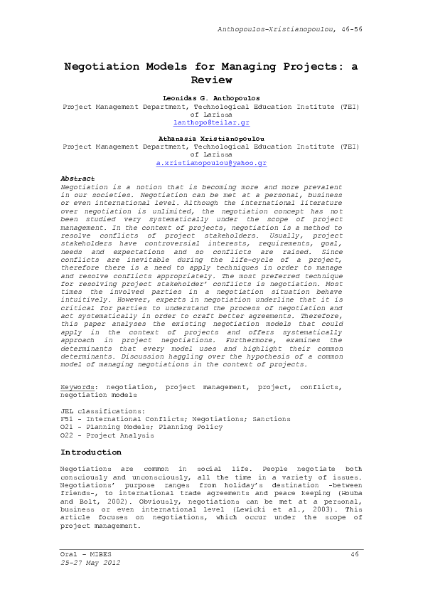 (PDF) Negotiation Models for Managing Projects: a Review