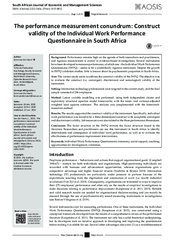 (PDF) The performance measurement conundrum: Construct validity of the ...