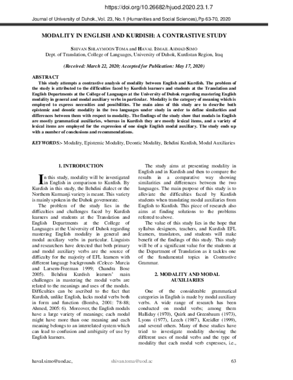 (PDF) Modality in English And Kurdish: A Contrastive Study