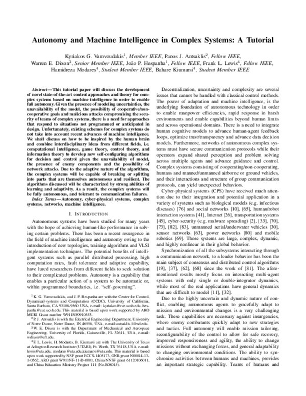 (PDF) Autonomy and machine intelligence in complex systems: A tutorial