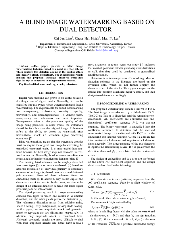(PDF) 1 a Blind Image Watermarking Based on Dual Detector
