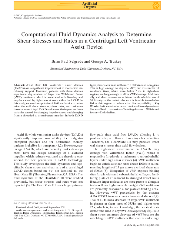 (PDF) Computational Fluid Dynamics Analysis to Determine Shear Stresses ...