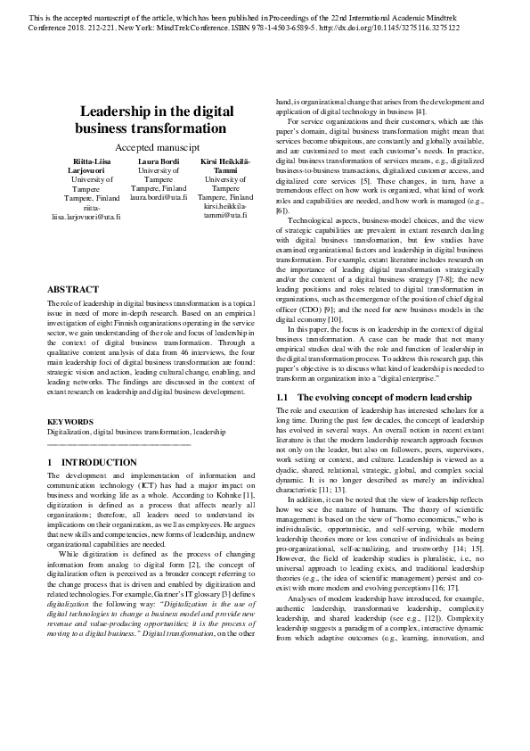 (PDF) Leadership in the digital business transformation