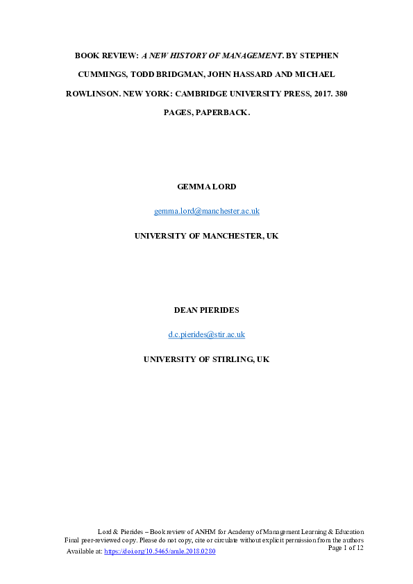 (PDF) A New History of Management, by Stephen Cummings, Todd Bridgman ...