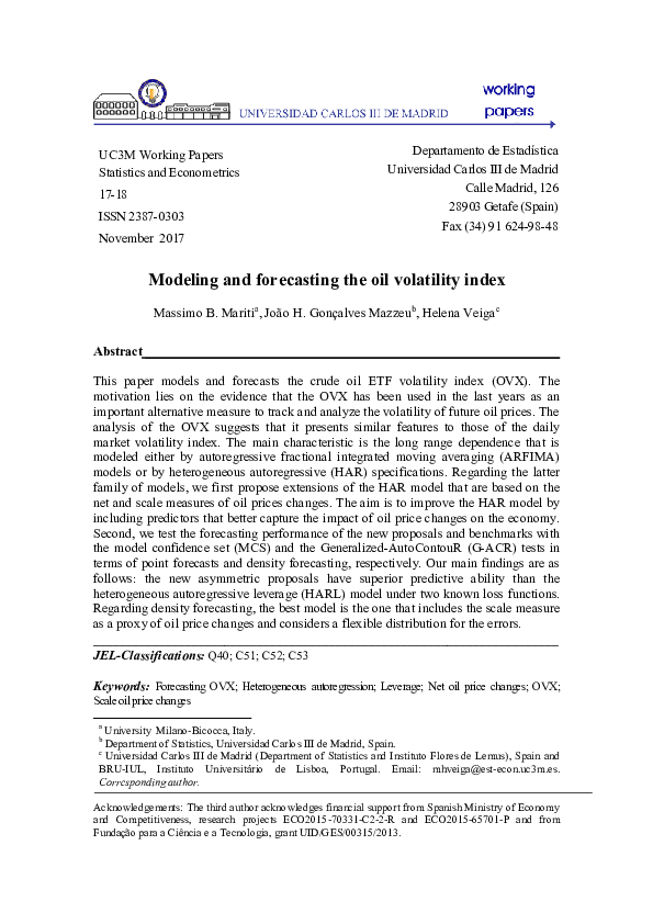 (PDF) Modeling and forecasting the oil volatility index