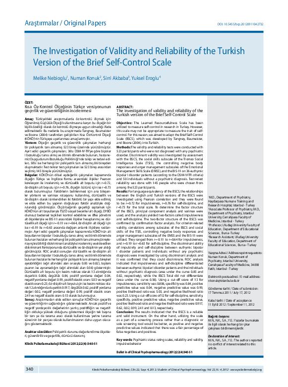 (PDF) The Investigation of Reliability and Validity of the Brief Self ...