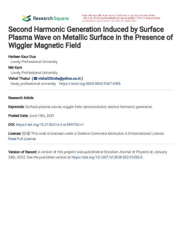 (PDF) Second Harmonic Generation Induced by a Surface Plasma Wave on a ...
