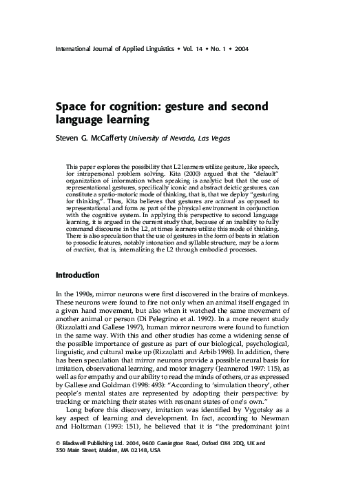 (PDF) Space for cognition: gesture and second language learning