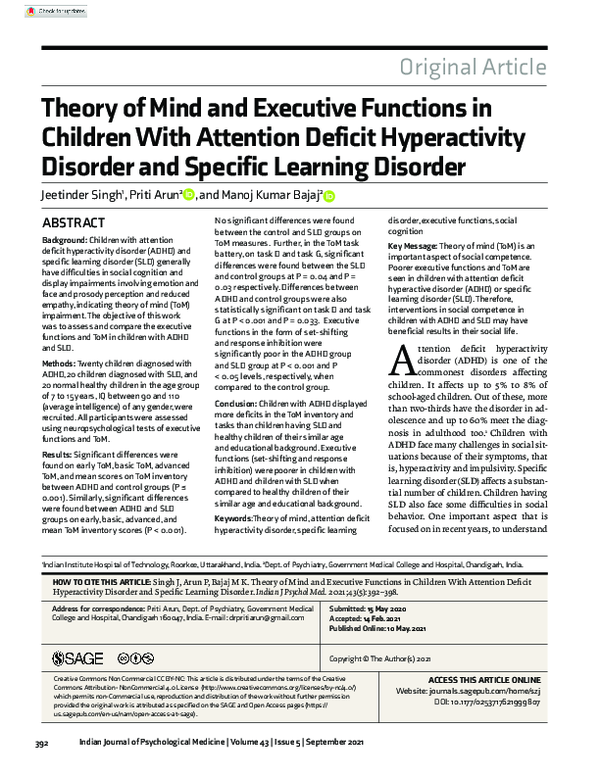 (PDF) Theory of Mind and Executive Functions in Children With Attention ...
