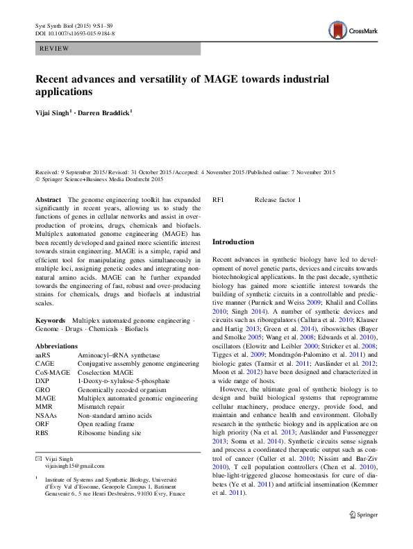 (PDF) Recent advances and versatility of MAGE towards industrial ...