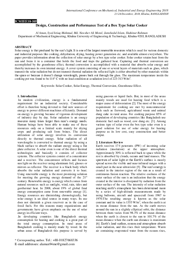 (PDF) Design, Construction and Performance Test of a Box Type Solar Cooker