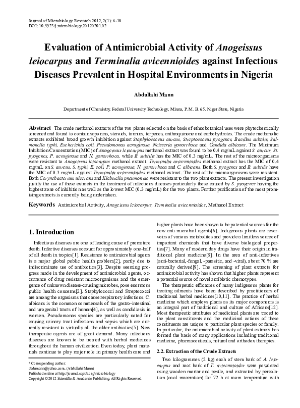 (PDF) Evaluation of Antimicrobial Activity of Anogeissus leiocarpus and ...