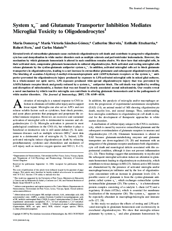 (PDF) System xc- and Glutamate Transporter Inhibition Mediates ...