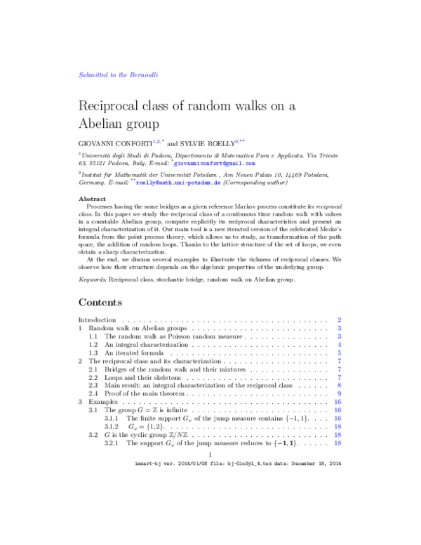 (PDF) Bernoulli Reciprocal class of random walks on a Abelian group