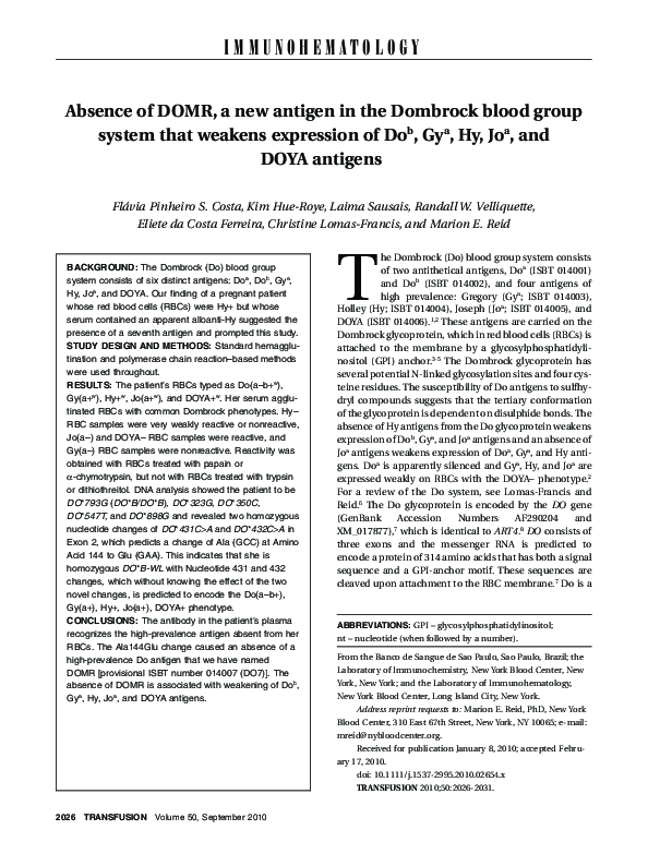 (PDF) Absence of DOMR, a new antigen in the Dombrock blood group system ...