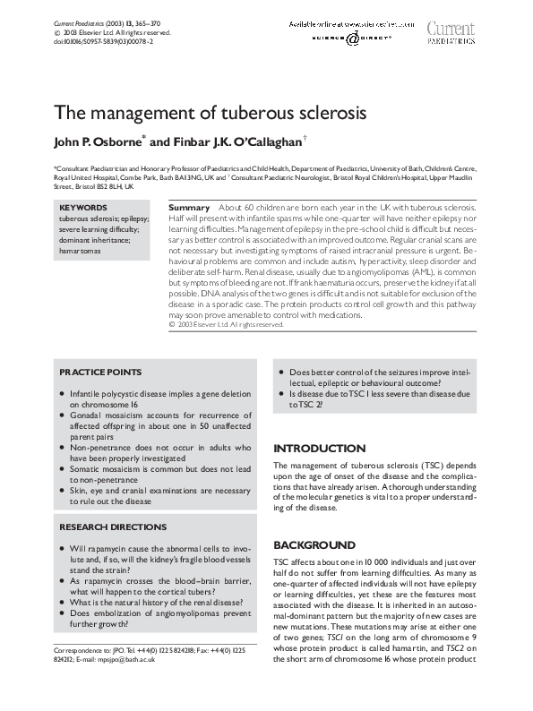 (PDF) The management of tuberous sclerosis