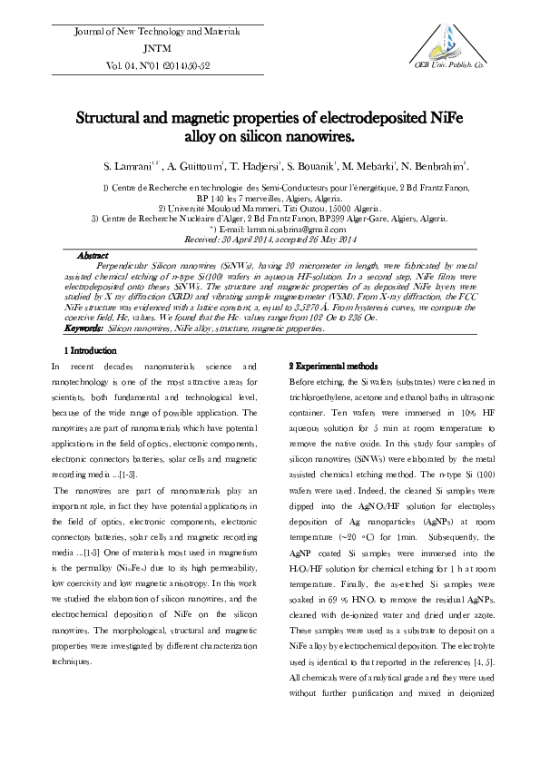 (PDF) Structural and magnetic properties of electrodeposited Ni nanowires