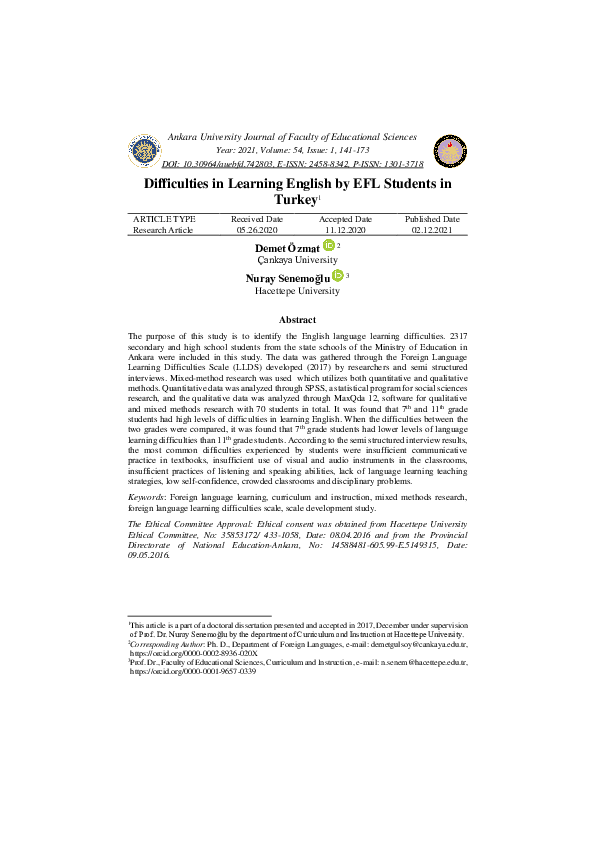 (PDF) Difficulties in Learning English by EFL Students in Turkey