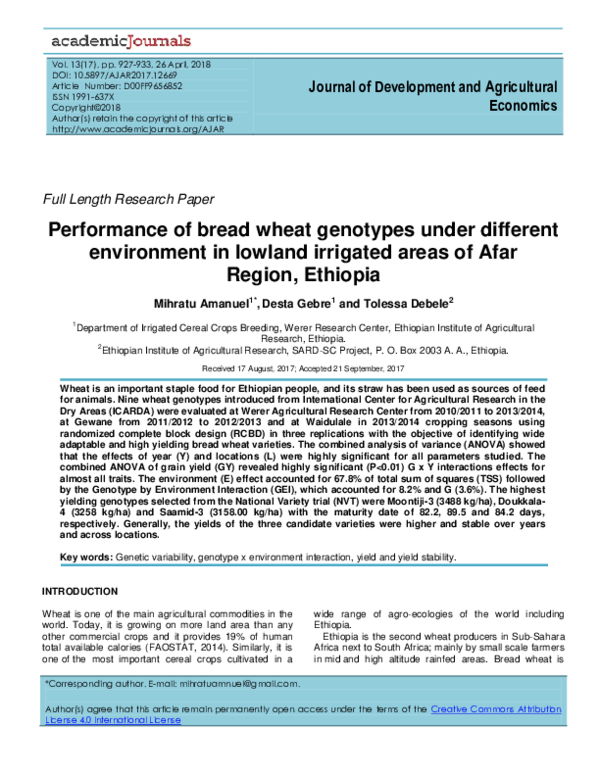 (PDF) Performance of bread wheat genotypes under different environment ...