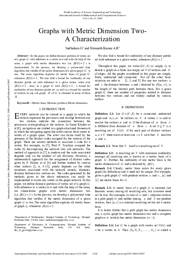 (PDF) Graphs with Metric Dimension Two A Characterization