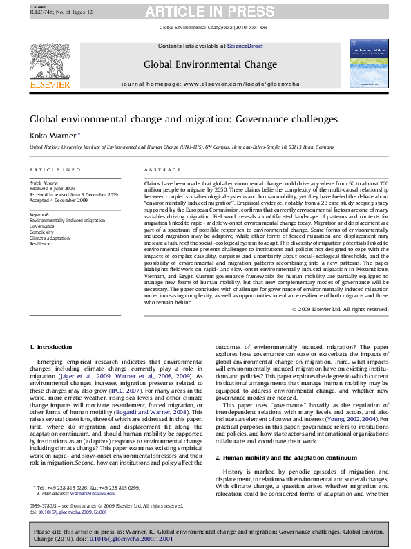 (PDF) Global environmental change and migration: Governance challenges