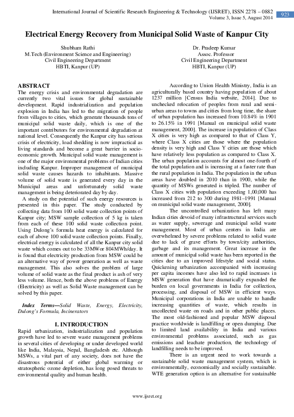 (PDF) Electrical Energy Recovery from Municipal Solid Waste of Kanpur City