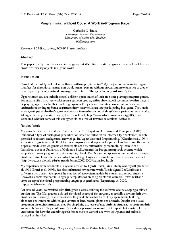 (PDF) Programming without Code : A Work in-Progress Paper