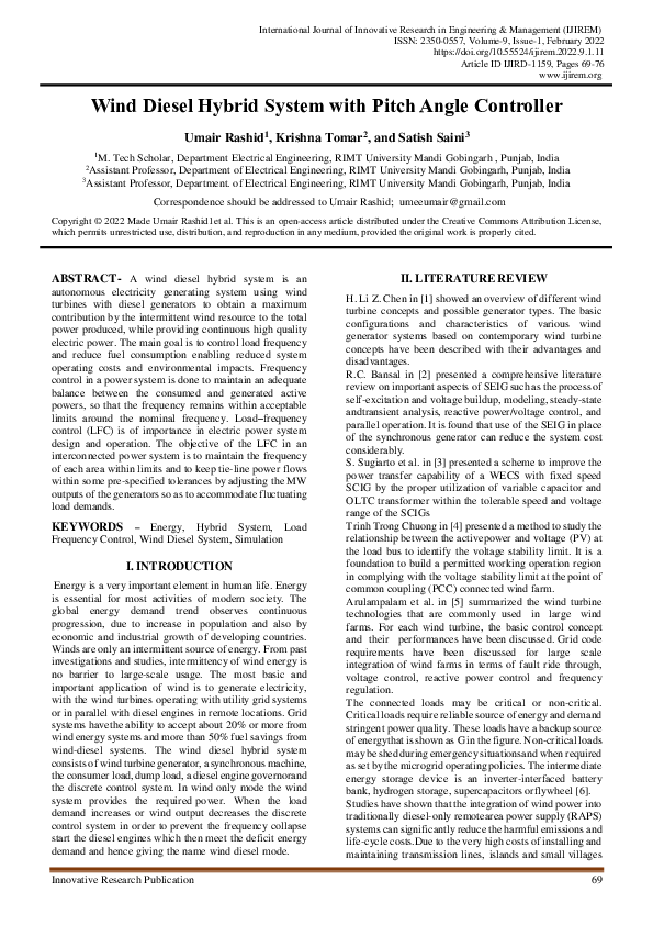 (PDF) Wind Diesel Hybrid System with Pitch Angle Controller