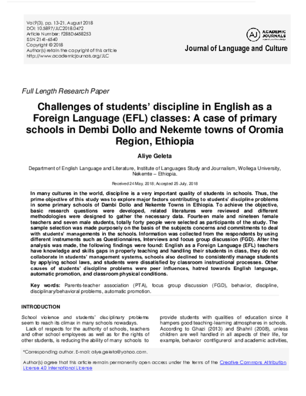 (PDF) Challenges of students discipline in English as a Foreign ...