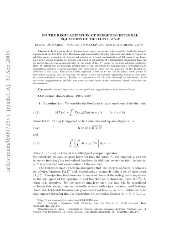 (PDF) On the regularization of Fredholm integral equations of the first ...