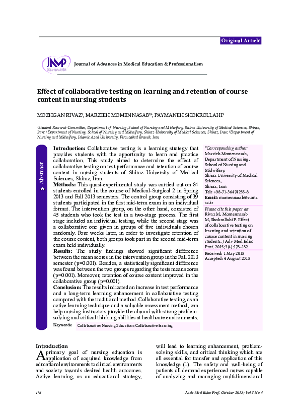 (PDF) Effect of collaborative testing on learning and retention of ...
