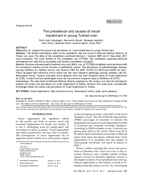 (PDF) The prevalence and causes of visual impairment in young Turkish men