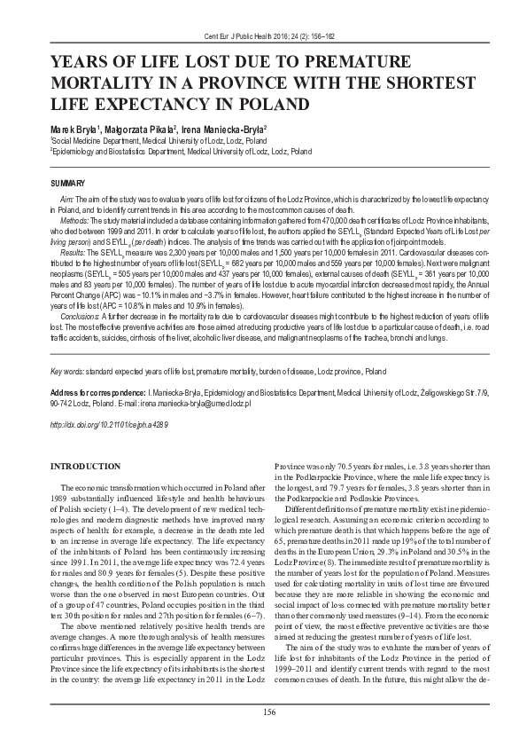 (PDF) Years of life lost due to premature mortality in Italy