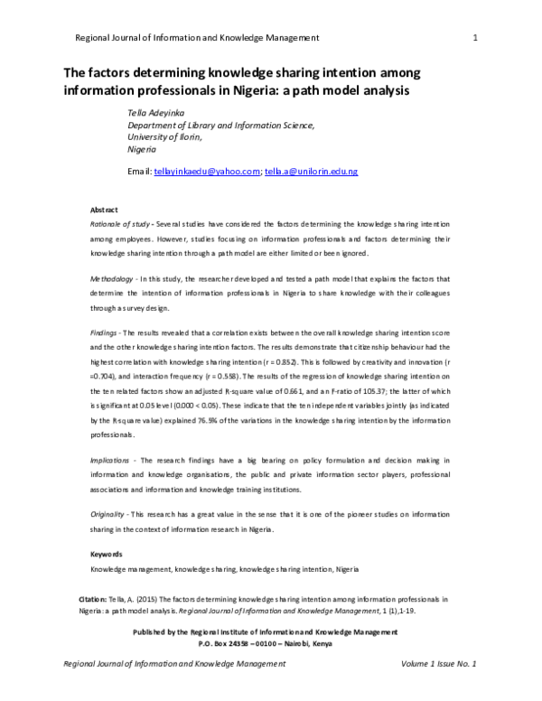 (PDF) The factors determining knowledge sharing intention among ...