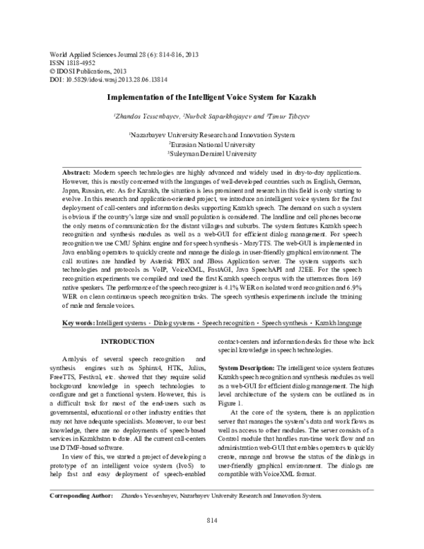 (PDF) Implementation of the Intelligent Voice System for Kazakh
