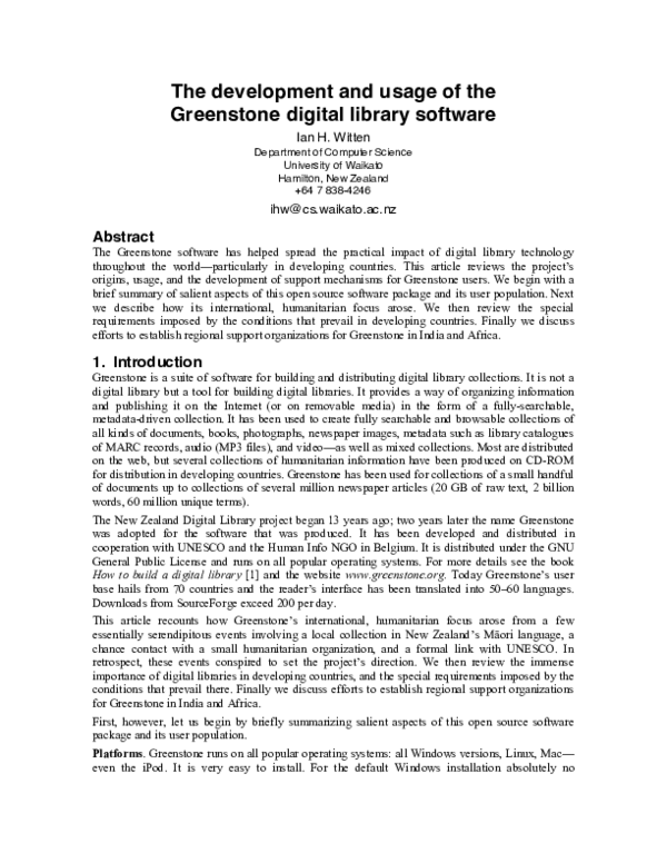 (PDF) The development and usage of the Greenstone digital library software Ian Witten