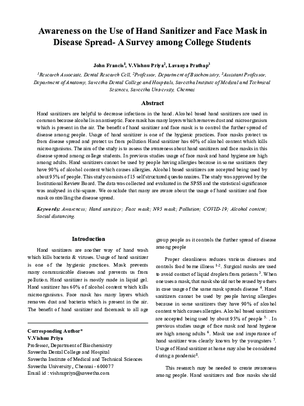 (PDF) Awareness on the Use of Hand Sanitizer and Face Mask in Disease ...
