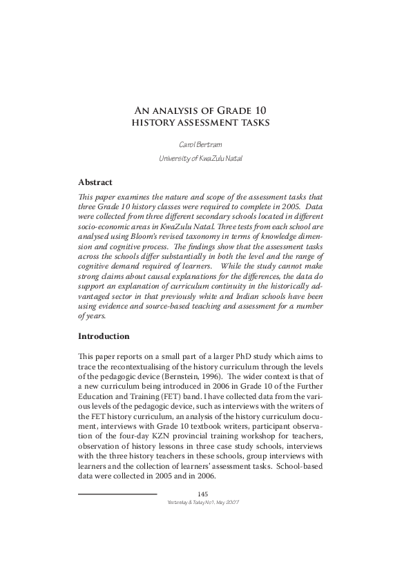 (PDF) An analysis of Grade 10 History assessment tasks Carol Bertram