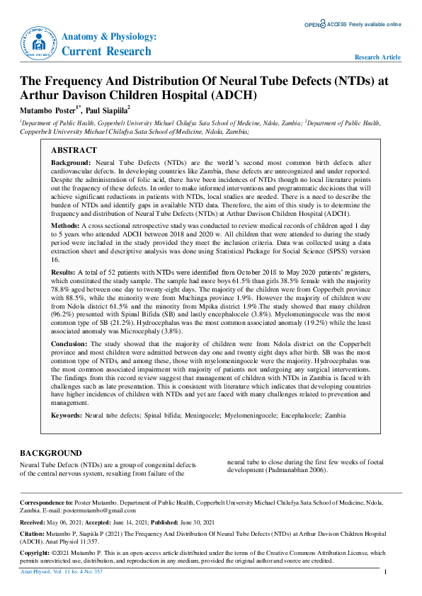 (PDF) The Frequency and Distribution of Neural Tube Defects (NTDs) at ...