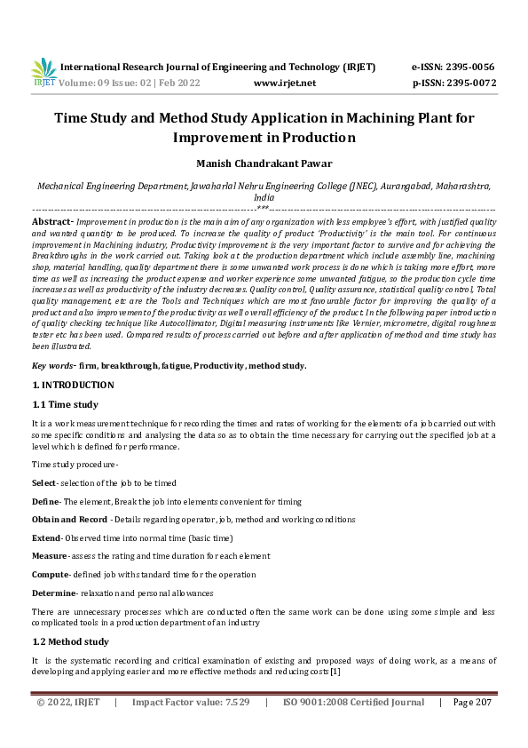 (PDF) Time Study and Method Study Application in Machining Plant for ...