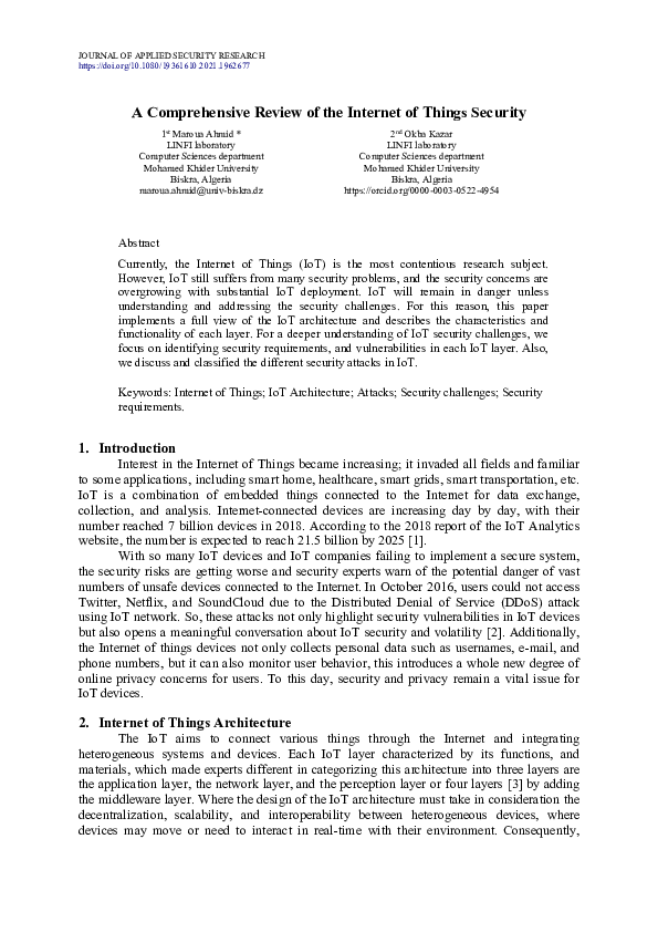 (PDF) A Comprehensive Review of the Internet of Things Security
