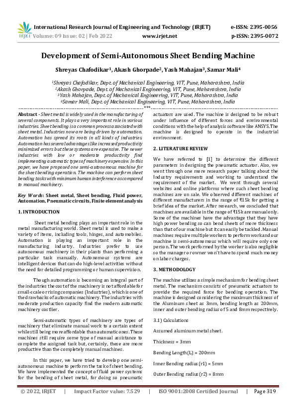 (PDF) Development of SemiAutonomous Sheet Bending Machine IRJET