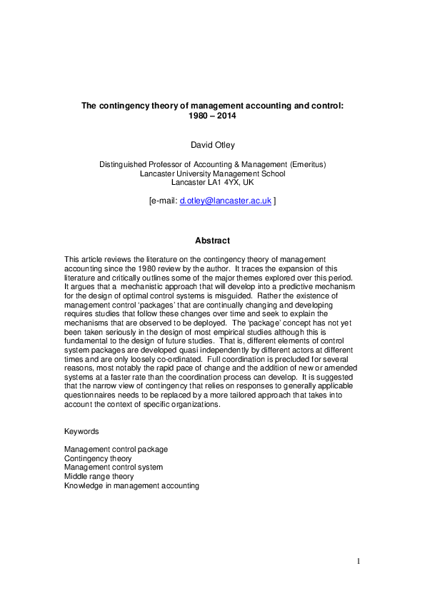 (PDF) The contingency theory of management accounting: Achievement and ...