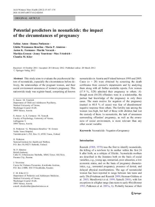 (PDF) Potential predictors in neonaticide: the impact of the ...