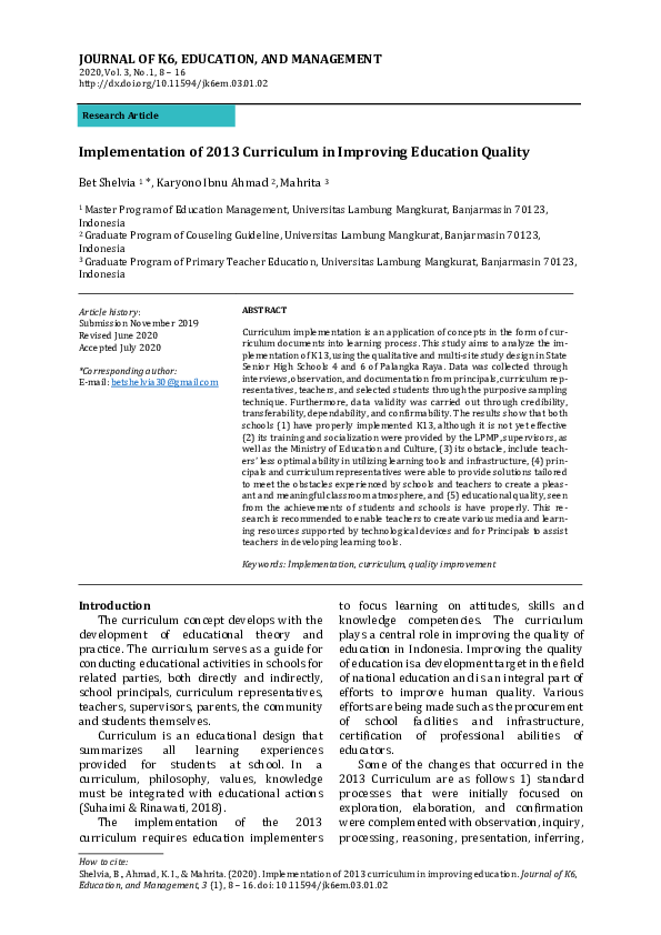 (PDF) Implementation of 2013 Curriculum in Improving Education Quality