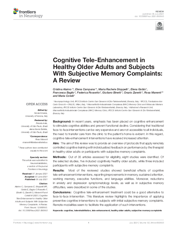 (PDF) Cognitive Tele-Enhancement in Healthy Older Adults and Subjects ...