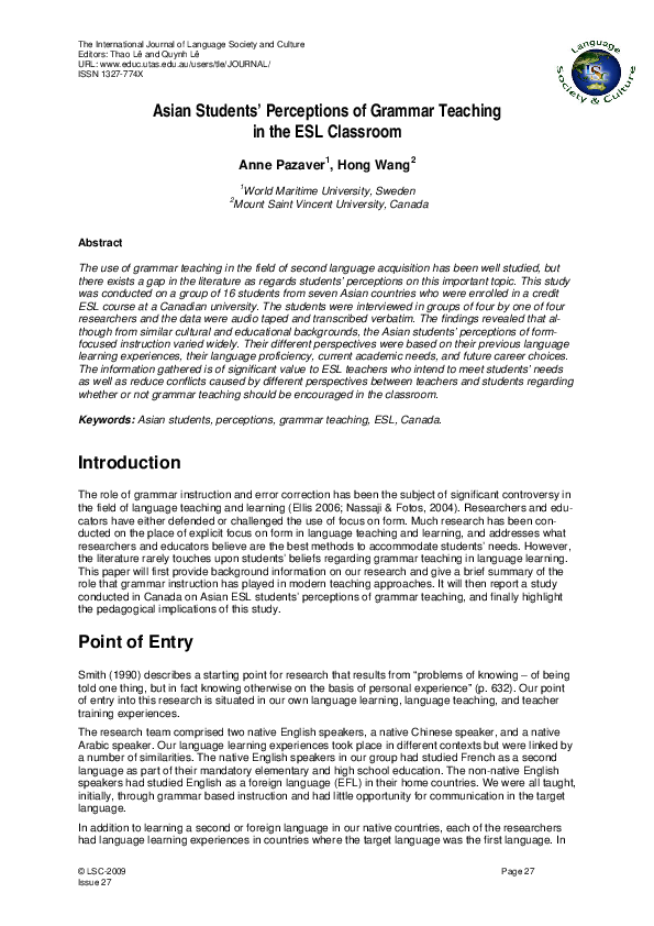 (PDF) Asian students' perceptions of grammar teaching in the ESL classroom