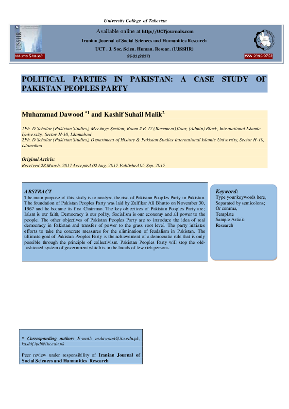 (PDF) Political Parties in Pakistan: A Case Study of Pakistan Peoples Party