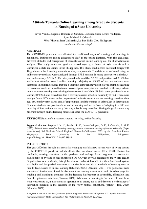 (PDF) Attitude Towards Online Learning among Graduate Students in ...