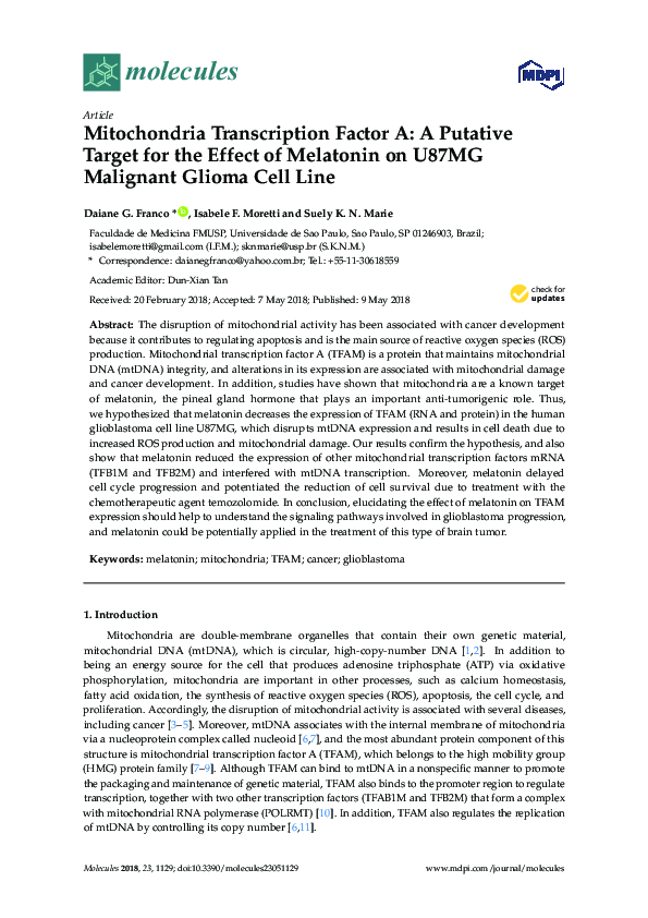 (PDF) Mitochondria Transcription Factor A: A Putative Target for the ...